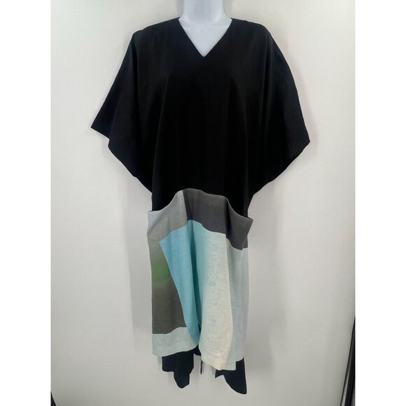 Anchovy Women OS Linen Black Colorblock Kaftan‎ Dress Poncho Oversize V-Neck - Picture 2 of 9